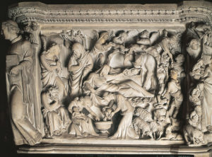 Giovanni Pisano, The Annunciation and the Nativity, detail of the pulpit of Sant'Andrea, Pistoia, Italy, 1297-1301. Marble relief, approx. 2' 10" x 3' 4" (Gardner's Art Through the Ages, 2005)